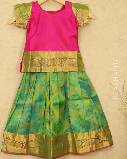 Silk kids lehanga pink and green with allover self emboss and zari woven for 4 years - {{ collection.title }} by Prashanti Sarees