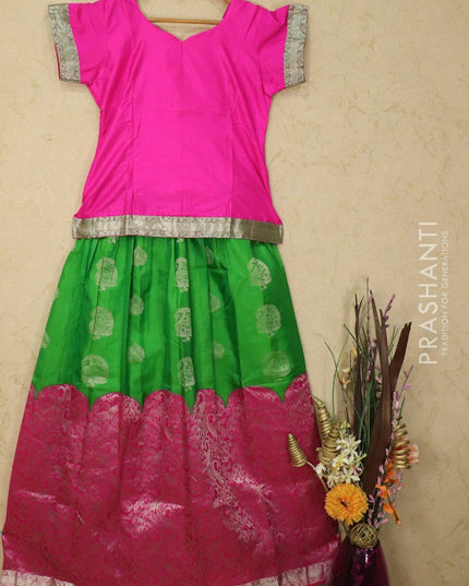 Silk kids lehanga pink and green with silver zari woven buttas and zari woven border for 15 years - {{ collection.title }} by Prashanti Sarees