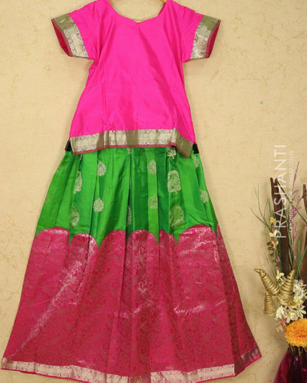 Silk kids lehanga pink and green with zari woven buttas and long zari woven border for 12 years - {{ collection.title }} by Prashanti Sarees