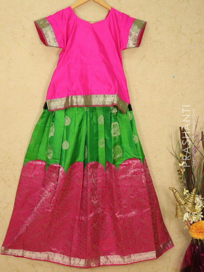Silk kids lehanga pink and green with zari woven buttas and long zari woven border for 12 years - {{ collection.title }} by Prashanti Sarees