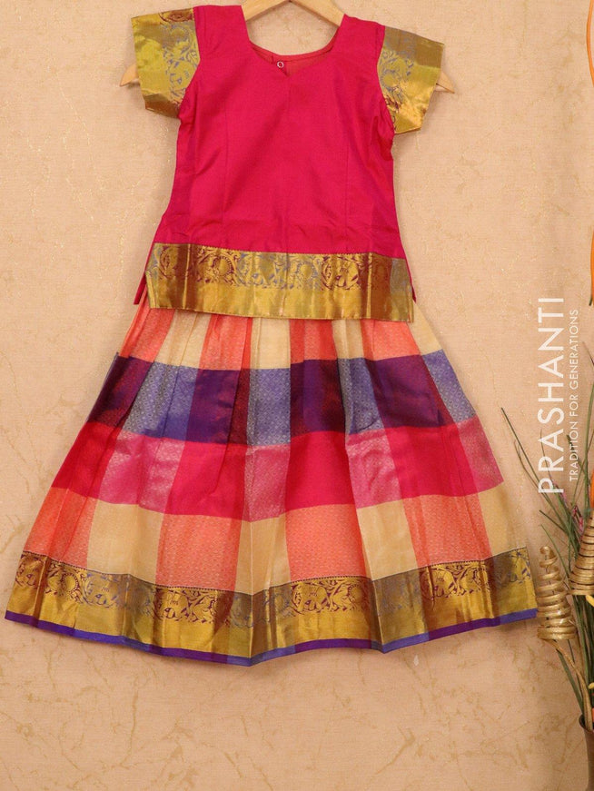 Silk kids lehanga pink and multi colour with allover self emboss checked pattern and zari woven border for 5 years - {{ collection.title }} by Prashanti Sarees