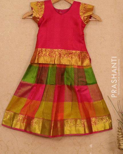 Silk kids lehanga pink and multicolour with allover self emboss checks and zari woven border for 3 years - {{ collection.title }} by Prashanti Sarees