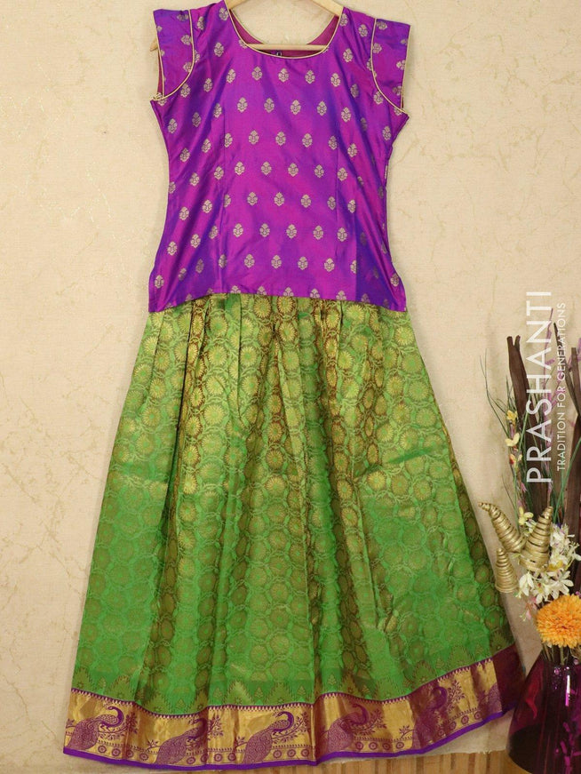 Silk kids lehanga purple and dual shade of green with allover zari weaves and zari woven border for 13 years - {{ collection.title }} by Prashanti Sarees