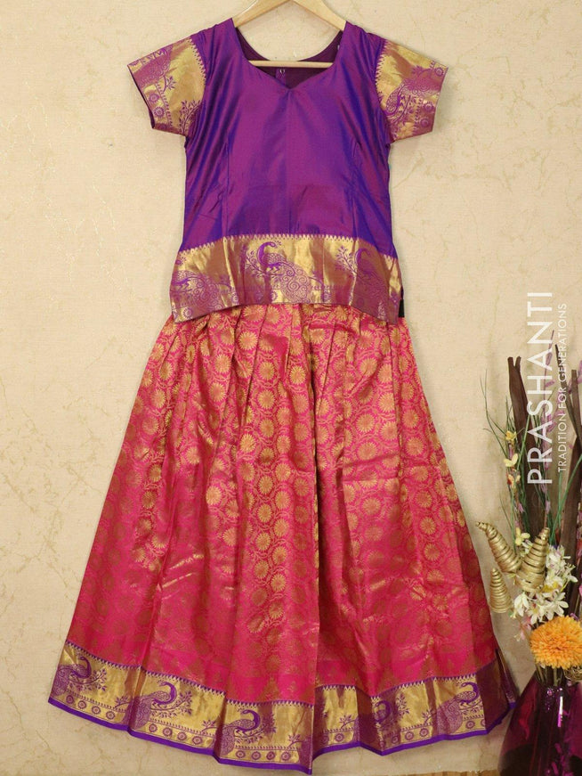 Silk kids lehanga purple and pink with allover zari weaves and zari woven border for 12 years - {{ collection.title }} by Prashanti Sarees