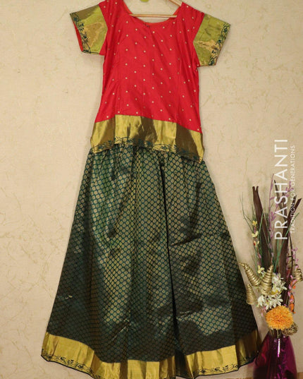 Silk kids lehanga red and peacock green with allover self emboss and zari woven border for 15 years - {{ collection.title }} by Prashanti Sarees