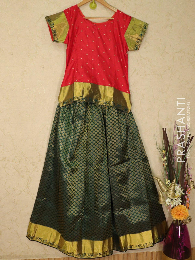 Silk kids lehanga red and peacock green with allover self emboss and zari woven border for 15 years - {{ collection.title }} by Prashanti Sarees