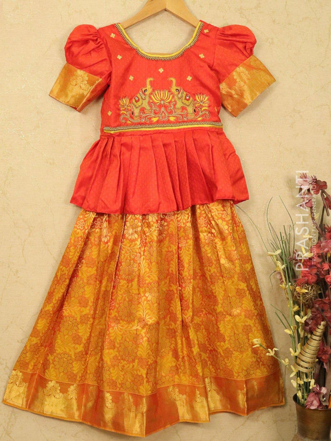 Silk kids lehanga reddish orange and yellow with thread and zari weaves and zari border for 8 years - {{ collection.title }} by Prashanti Sarees