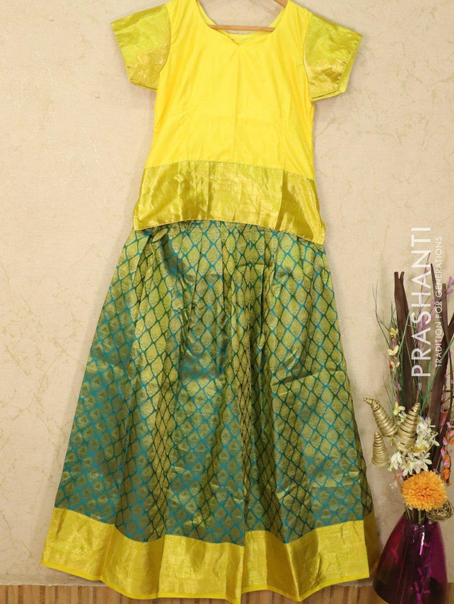 Silk kids lehanga yellow and green with allover zari woven buttas and zari woven border for 13 years - {{ collection.title }} by Prashanti Sarees
