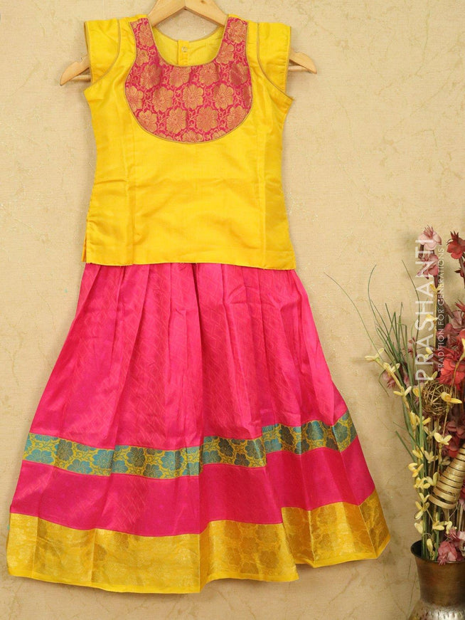 Silk kids lehanga yellow and pink with allover self emboss and zari woven border for 7 years - {{ collection.title }} by Prashanti Sarees