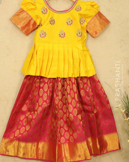 Silk kids lehanga yellow and pink with zari woven buttas and zari woven border for 6 years - {{ collection.title }} by Prashanti Sarees