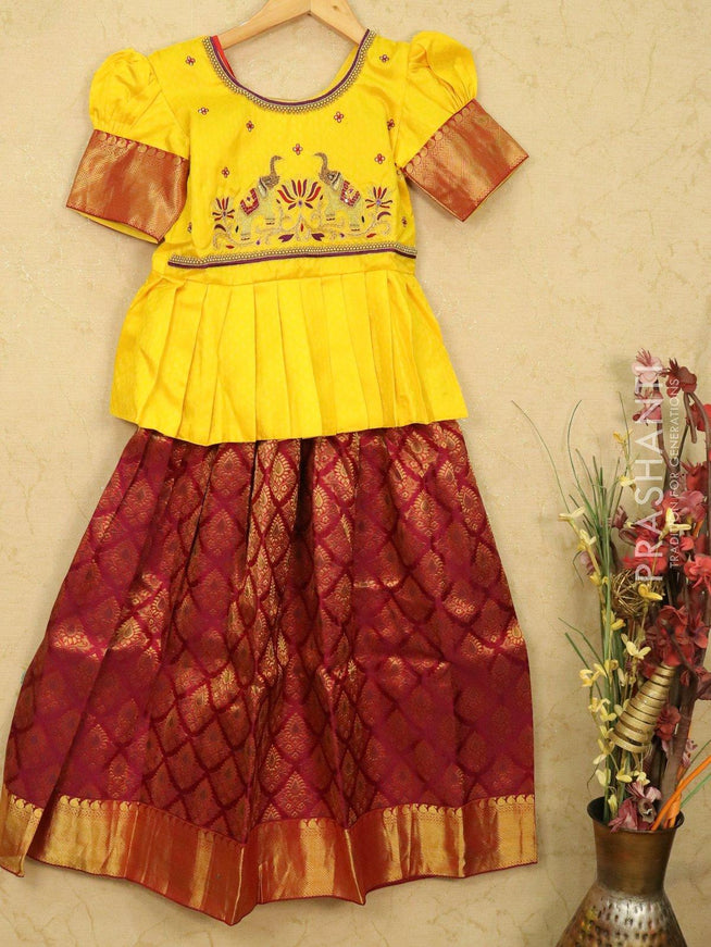 Silk kids lehanga yellow and purple with zari woven buttas and zari woven border for 9 years - {{ collection.title }} by Prashanti Sarees