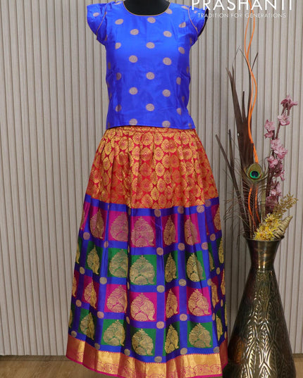 Silk kids lehenga blue and dual shade of pinkish orange with allover brocade zari weaves and zari woven border for 11 years - {{ collection.title }} by Prashanti Sarees