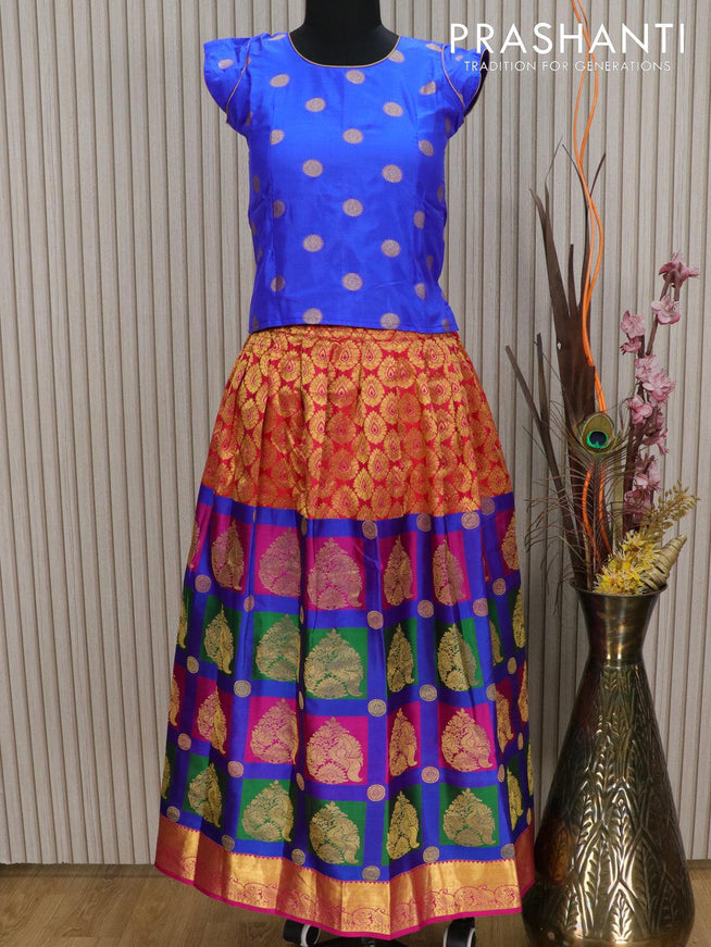 Silk kids lehenga blue and dual shade of pinkish orange with allover brocade zari weaves and zari woven border for 11 years - {{ collection.title }} by Prashanti Sarees