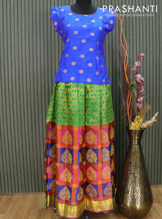Silk kids lehenga blue and green with allover zari woven butta weaves and long zari woven border for 15 years - {{ collection.title }} by Prashanti Sarees