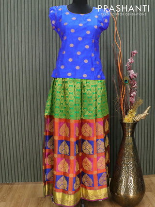 Silk kids lehenga blue and green with allover zari woven butta weaves and long zari woven border for 15 years