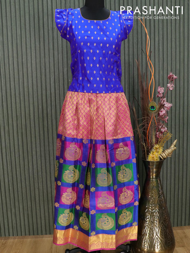 Silk kids lehenga blue and multi colour with allover zari weaves and zari woven border for 12 years - {{ collection.title }} by Prashanti Sarees