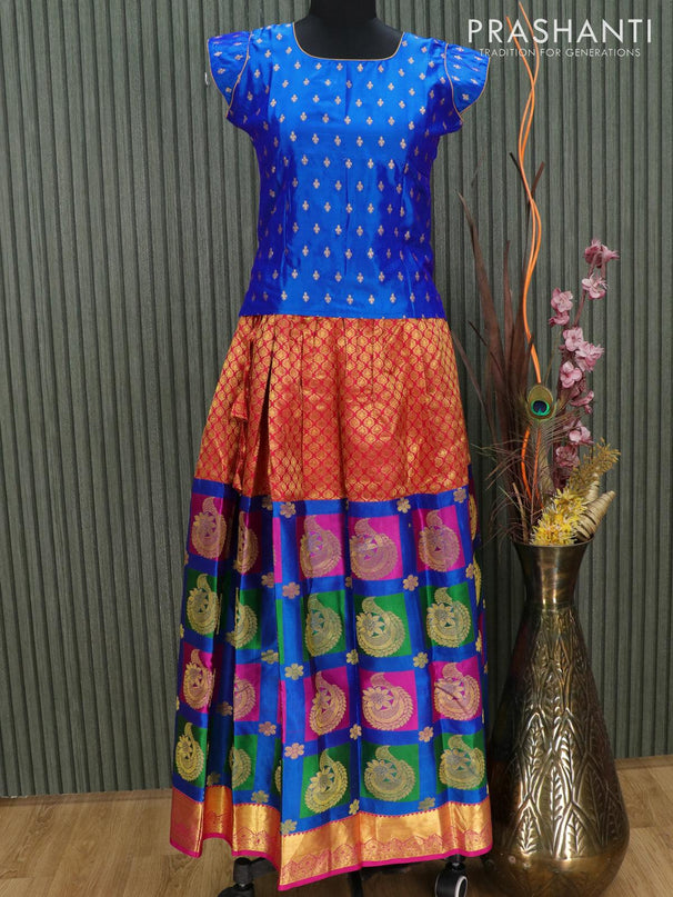 Silk kids lehenga blue and multi colour with allover zari weaves and zari woven border for 13 years - {{ collection.title }} by Prashanti Sarees