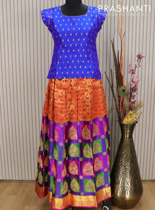 Silk kids lehenga blue and red with allover zari weaves and zari woven border for 13 years - {{ collection.title }} by Prashanti Sarees