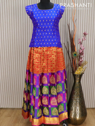 Silk kids lehenga blue and red with allover zari weaves and zari woven border for 13 years