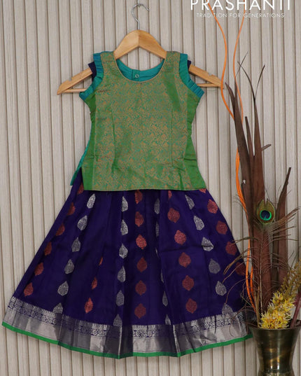 Silk kids lehenga dual shade of green and blue with allover copper zari weaves and silver zari woven border for 4 years - {{ collection.title }} by Prashanti Sarees