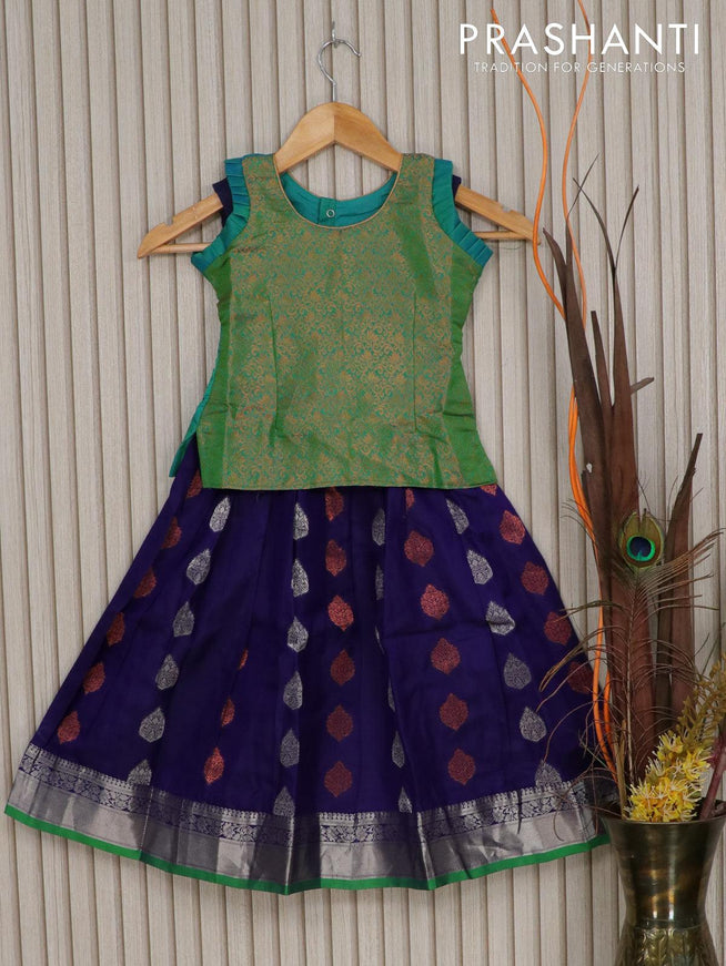 Silk kids lehenga dual shade of green and blue with allover copper zari weaves and silver zari woven border for 4 years - {{ collection.title }} by Prashanti Sarees