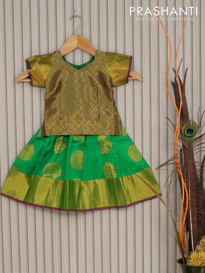 Silk kids lehenga dual shade of green and green with self emboss & zari buttas and zari woven border for 1 year - {{ collection.title }} by Prashanti Sarees