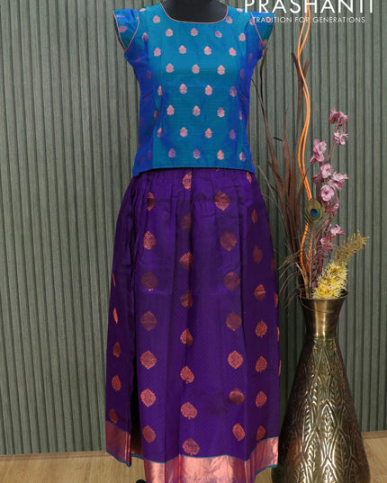 Silk kids lehenga dual shade of greenish blue and deep violet with allover self emboss & copper zari buttas and copper zari woven border for 11 years - {{ collection.title }} by Prashanti Sarees