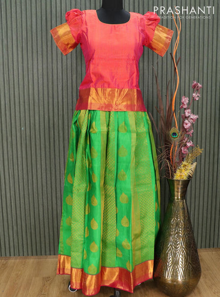 Silk kids lehenga dual shade of pinkish orange and pink with allover zari weaves and zari woven border for 14 years - {{ collection.title }} by Prashanti Sarees