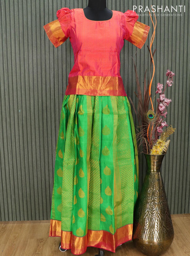 Silk kids lehenga dual shade of pinkish orange and pink with allover zari weaves and zari woven border for 14 years - {{ collection.title }} by Prashanti Sarees