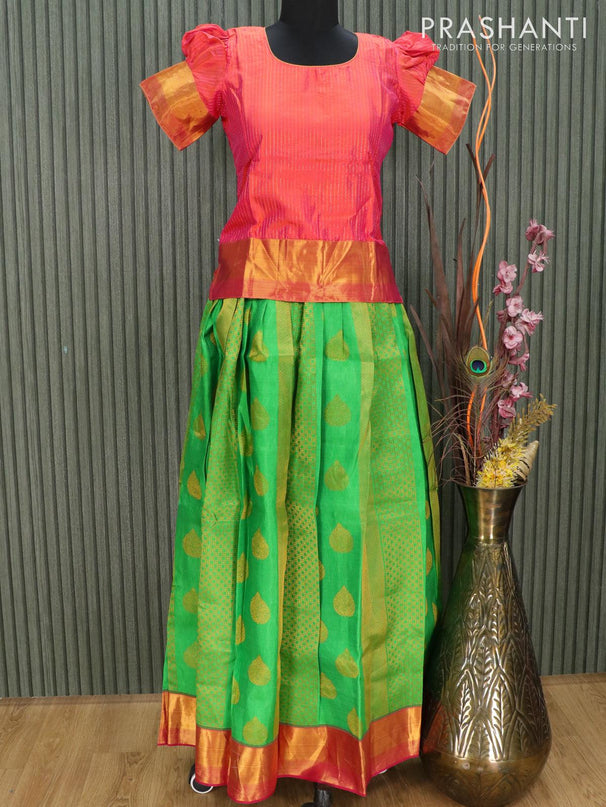 Silk kids lehenga dual shade of pinkish orange and pink with allover zari weaves and zari woven border for 14 years - {{ collection.title }} by Prashanti Sarees