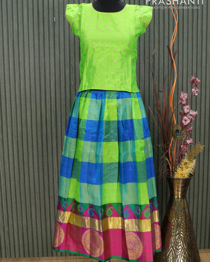 Silk kids lehenga fluorescent green and multi colour with allover self emboss and zari woven butta border for 11 years - {{ collection.title }} by Prashanti Sarees