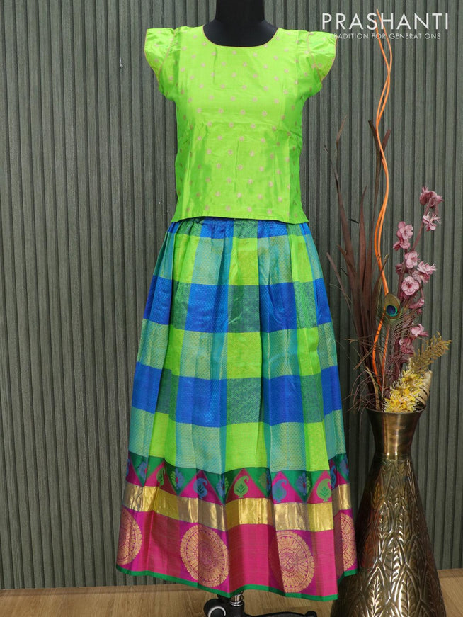 Silk kids lehenga fluorescent green and multi colour with allover self emboss and zari woven butta border for 11 years - {{ collection.title }} by Prashanti Sarees