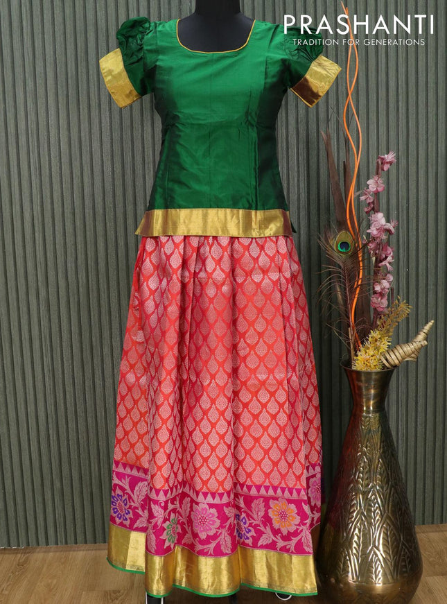 Silk kids lehenga green and dual shade of pinkish orange with silver zari brocade weaves and zari woven border for 14 years - {{ collection.title }} by Prashanti Sarees