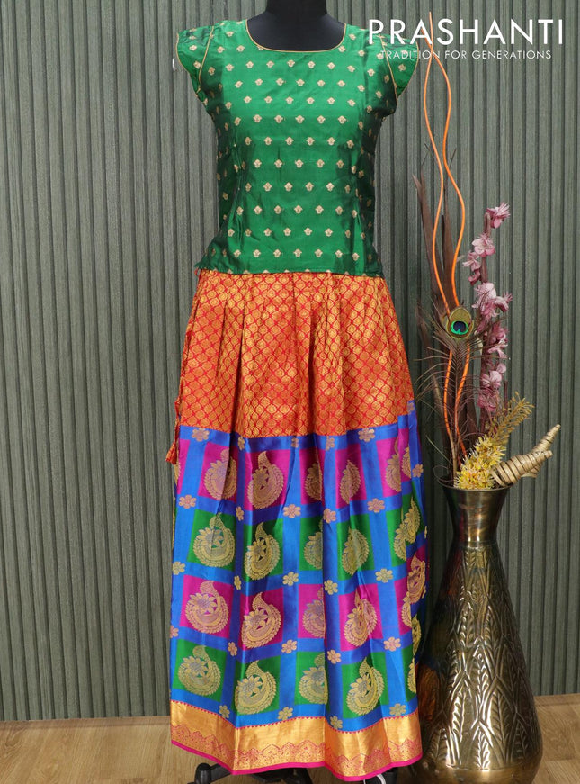 Silk kids lehenga green and multi colour with allover zari weaves and zari woven border for 12 years - {{ collection.title }} by Prashanti Sarees