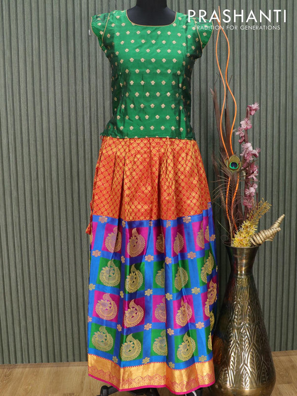Silk kids lehenga green and multi colour with allover zari weaves and zari woven border for 12 years - {{ collection.title }} by Prashanti Sarees