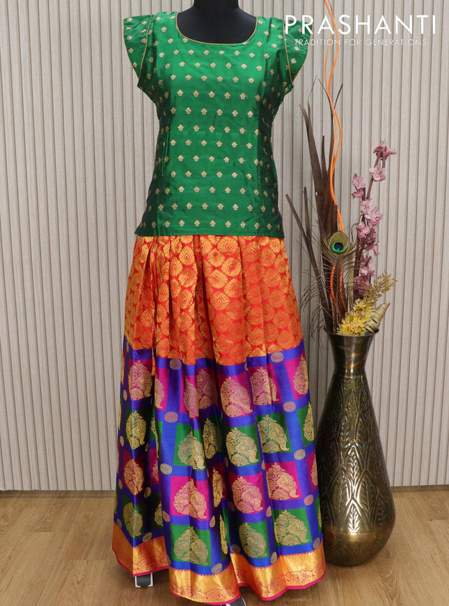 Silk kids lehenga green and multi colour with brocade zari weaves and zari woven border for 15 years - {{ collection.title }} by Prashanti Sarees