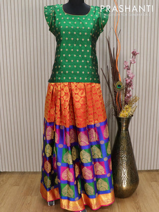 Silk kids lehenga green and multi colour with brocade zari weaves and zari woven border for 15 years