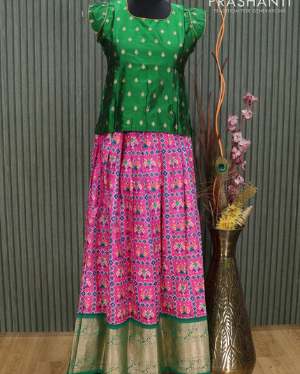 Silk kids lehenga green and pink with allover ikat prints and zari woven annam border for 13 years - {{ collection.title }} by Prashanti Sarees