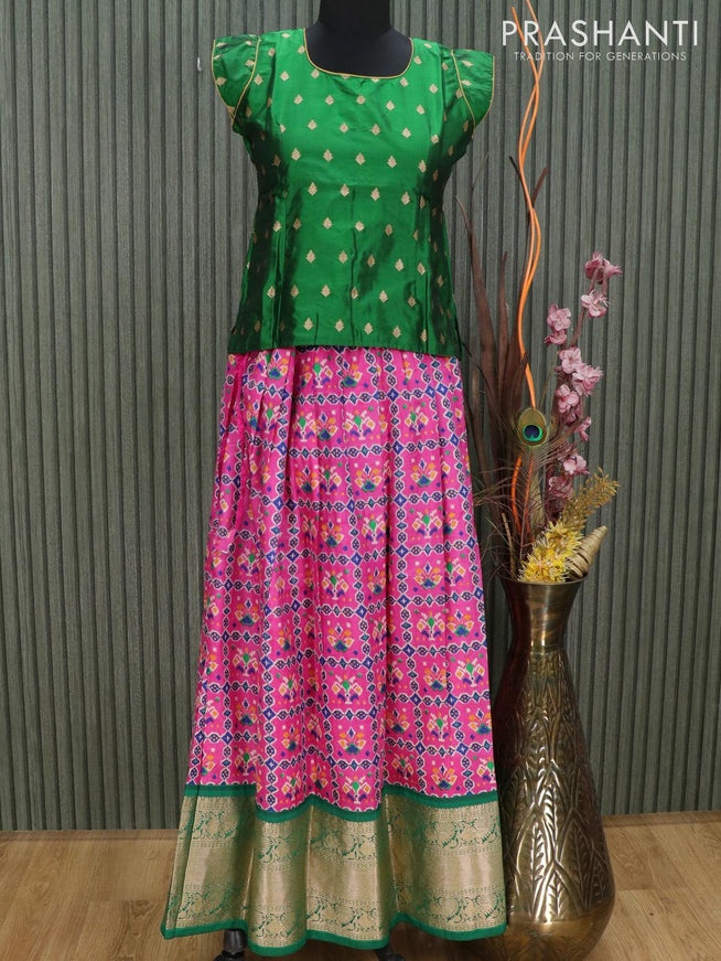 Silk kids lehenga green and pink with allover ikat prints and zari woven annam border for 13 years - {{ collection.title }} by Prashanti Sarees