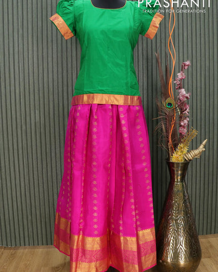 Silk kids lehenga green and pink with allover zari woven butta weaves and long zari woven border for 16 years - {{ collection.title }} by Prashanti Sarees
