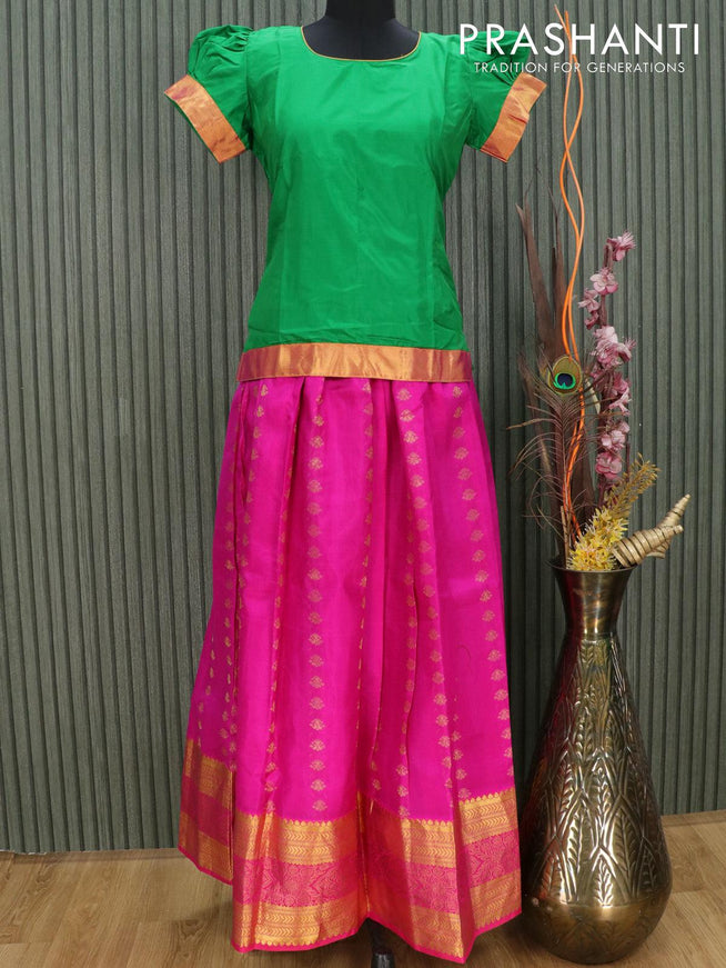 Silk kids lehenga green and pink with allover zari woven butta weaves and long zari woven border for 16 years - {{ collection.title }} by Prashanti Sarees