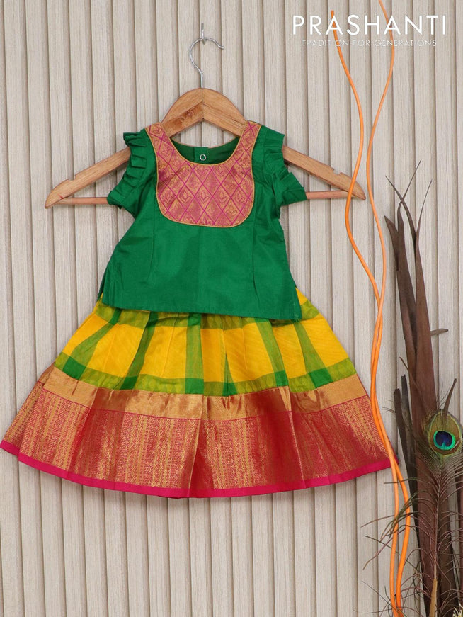 Silk kids lehenga green and yellow pink with patch work neck pattern and zari woven border for 0 year - {{ collection.title }} by Prashanti Sarees