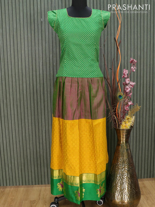 Silk kids lehenga green and yellow shade with allover self emboss and zari woven butta border for 13 years - {{ collection.title }} by Prashanti Sarees