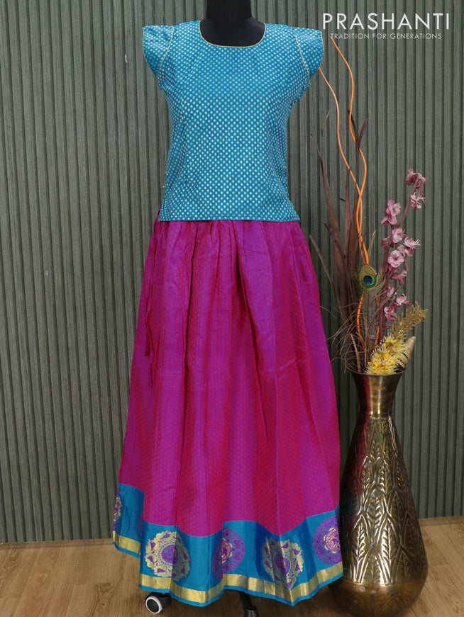 Silk kids lehenga light blue and pink with allover self emboss and zari woven butta border for 13 years - {{ collection.title }} by Prashanti Sarees