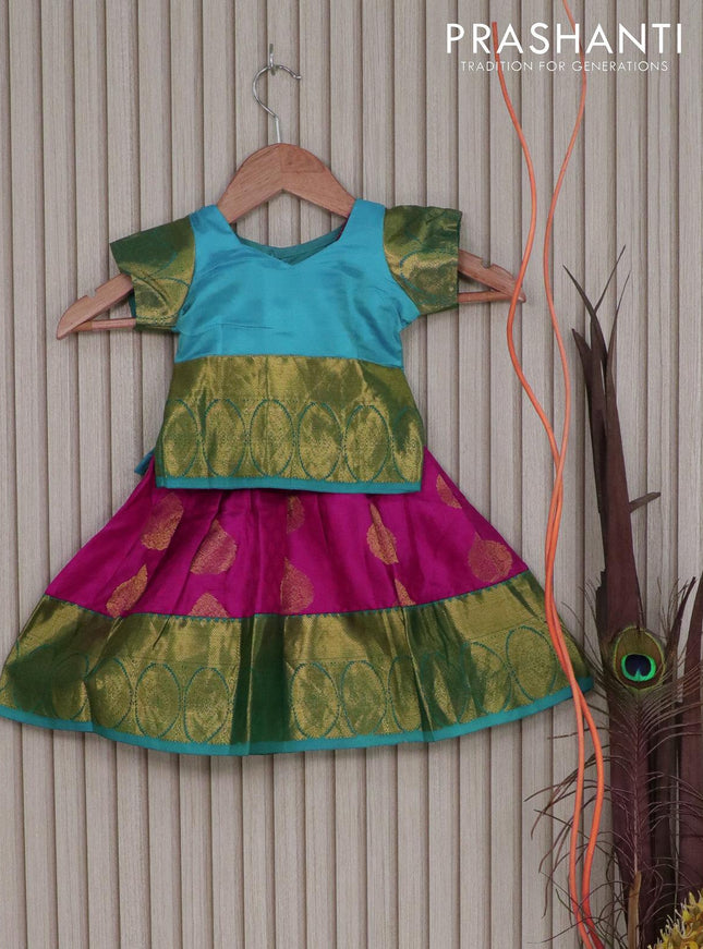 Silk kids lehenga light blue and pink with self emboss & zari buttas and zari woven border for 0 year - {{ collection.title }} by Prashanti Sarees