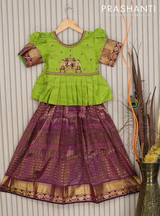 Silk kids lehenga light green and deep purple with embroidery work and zari woven border for 7 years - {{ collection.title }} by Prashanti Sarees