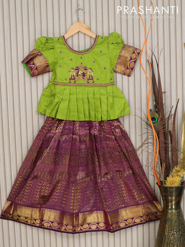 Silk kids lehenga light green and deep purple with embroidery work and zari woven border for 7 years - {{ collection.title }} by Prashanti Sarees