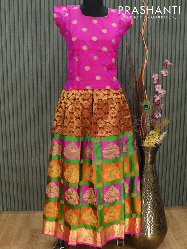 Silk kids lehenga magenta pink and multi colour with allover zari weaves and zari woven border for 12 years - {{ collection.title }} by Prashanti Sarees