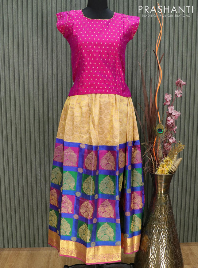 Silk kids lehenga magenta pink and multi colour with allover zari weaves and zari woven border for 12 years - {{ collection.title }} by Prashanti Sarees