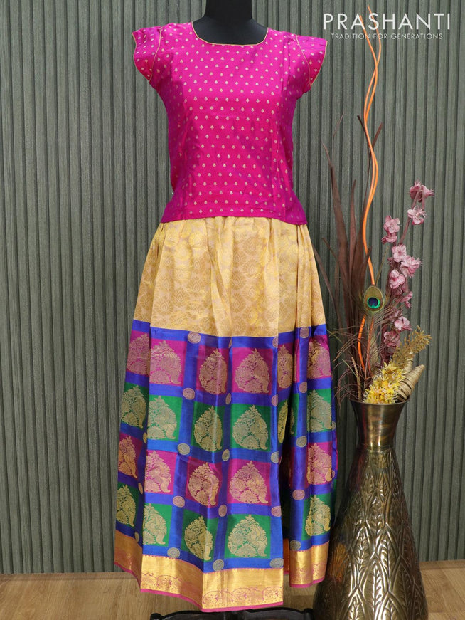 Silk kids lehenga magenta pink and multi colour with allover zari weaves and zari woven border for 12 years - {{ collection.title }} by Prashanti Sarees